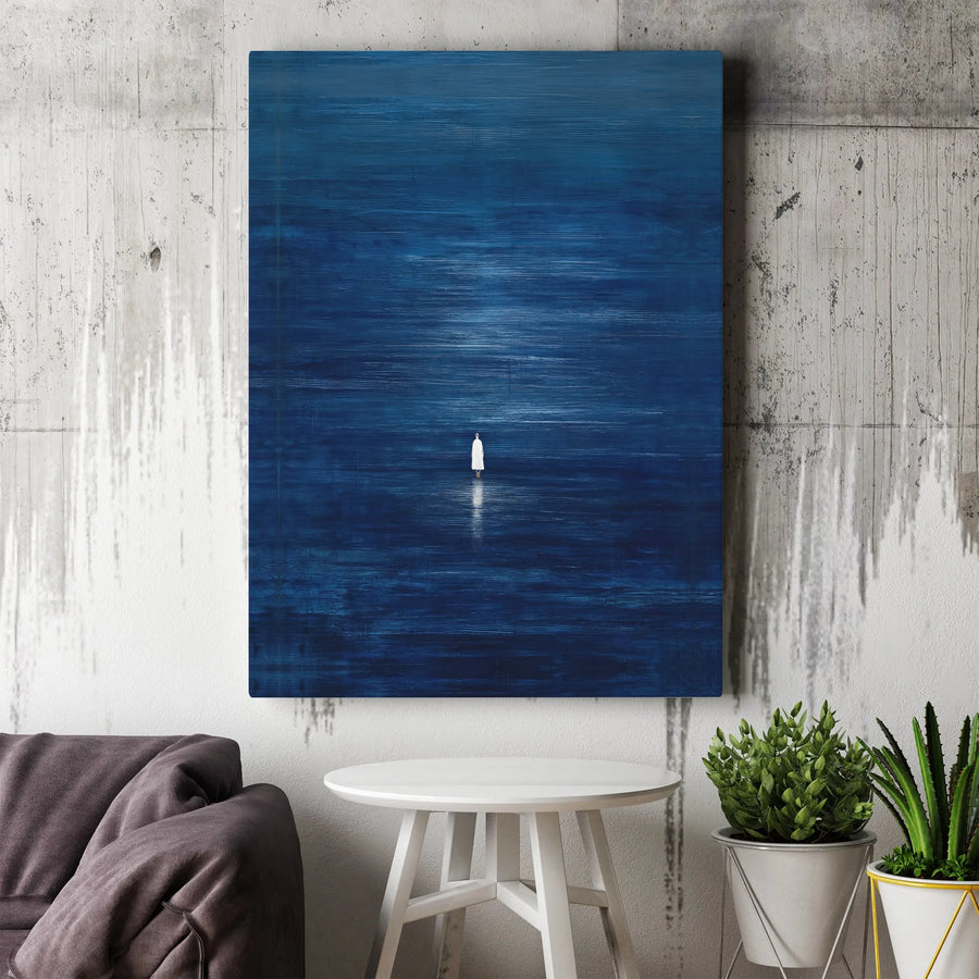 Abstract Ocean Canvas Wall Art | Minimalist Lone Figure on Deep Blue Sea | Premium Gallery Wrapped Canvas | Modern Zen Wall Decor Gift