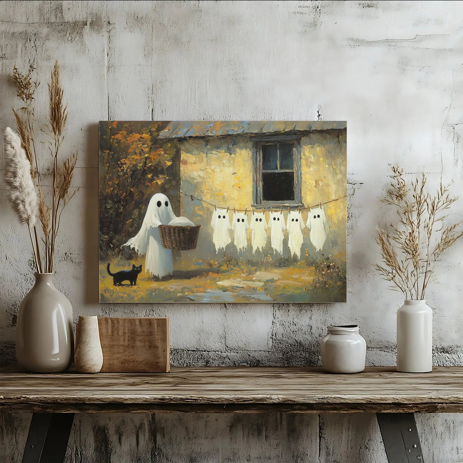 Ghost Doing Laundry Canvas Print | Whimsical Halloween Art with Black Cat | Premium Fade-Resistant Canvas | Unique Spooky Home Decor Gift