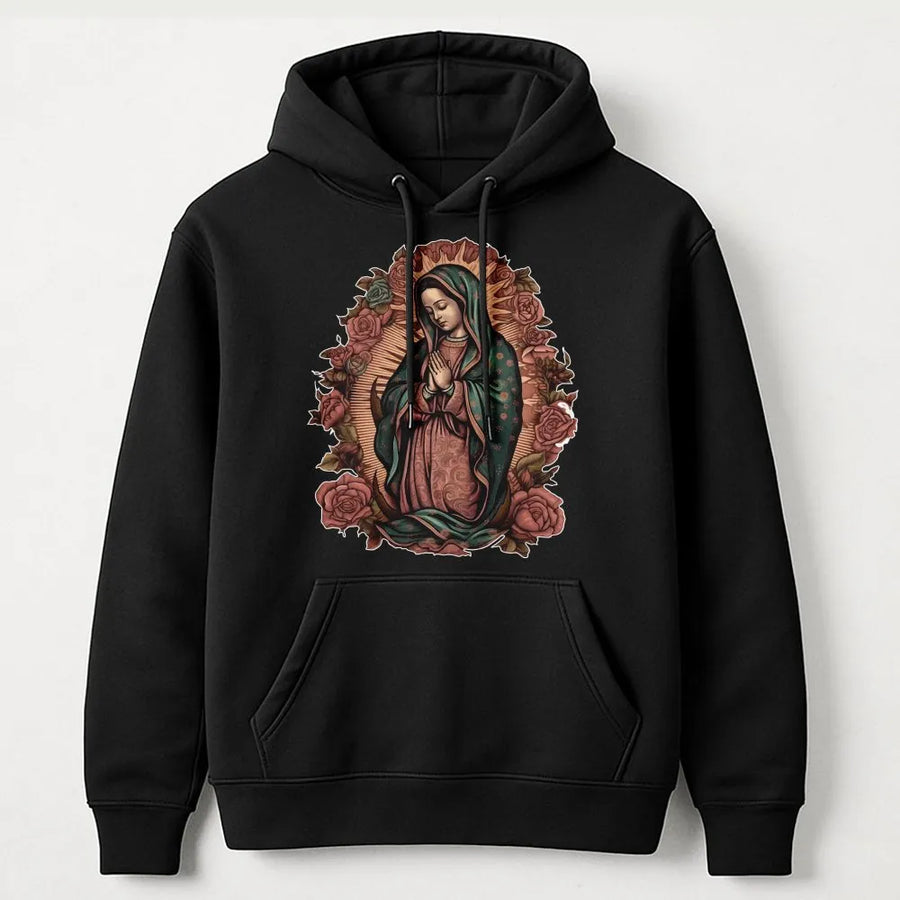 Virgen De Guadalupe Hoodie | Retro Virgin Mary Floral Graphic | Premium Cotton Blend Unisex Sweatshirt | Religious Gift For Women And Men