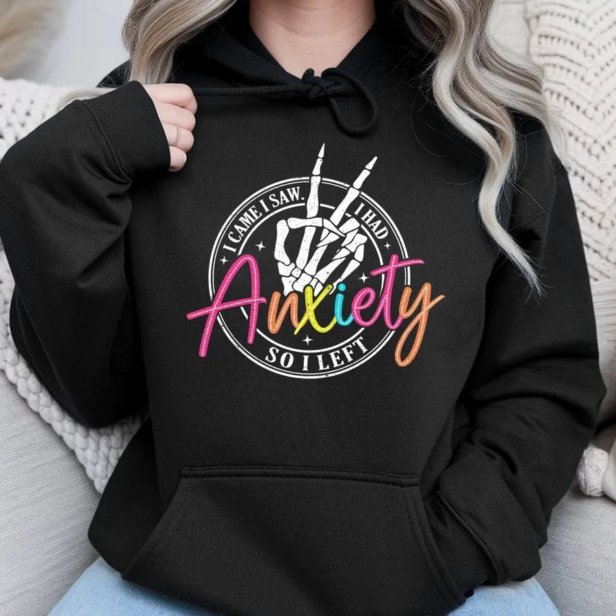 Anxiety Hoodie | Funny Skeleton Peace Sign Graphic | Premium Cotton Blend | Mental Health Awareness Gift for Women & Men