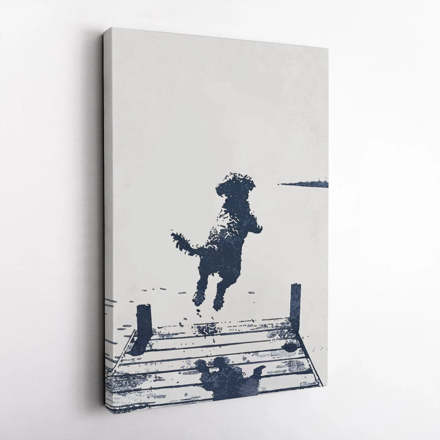 Jumping Dog Art Print | Minimalist Silhouette Lake Dock Wall Decor | Premium 1.25" Gallery Canvas | Gift for Dog Lovers