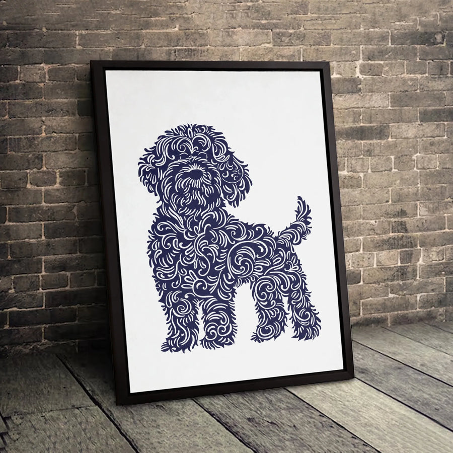 Cockapoo Dog Wall Art | Blue Filigree Silhouette Print | Premium Gallery Canvas | Unique Dog Lover Gift