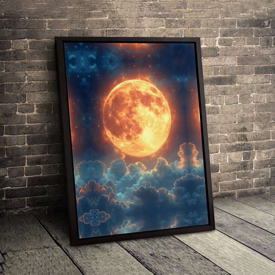 Full Moon Canvas Wall Art | Glowing Orange Celestial Night Sky | Premium Gallery Wrapped Print | Dreamy Home Decor for Bedroom or Living Room