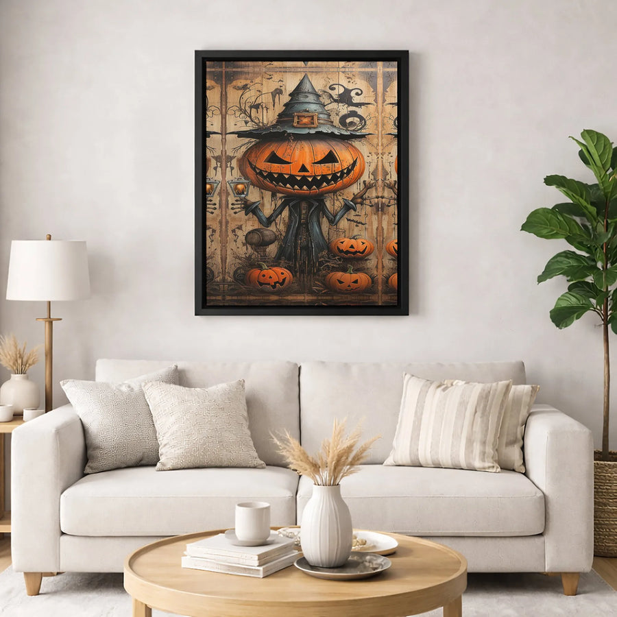Spooky Pumpkin Scarecrow Wall Art | Witch Hat Halloween Decor | 1.25 Inch Gallery Wrapped Canvas | Haunted Home Gift For Horror Fans