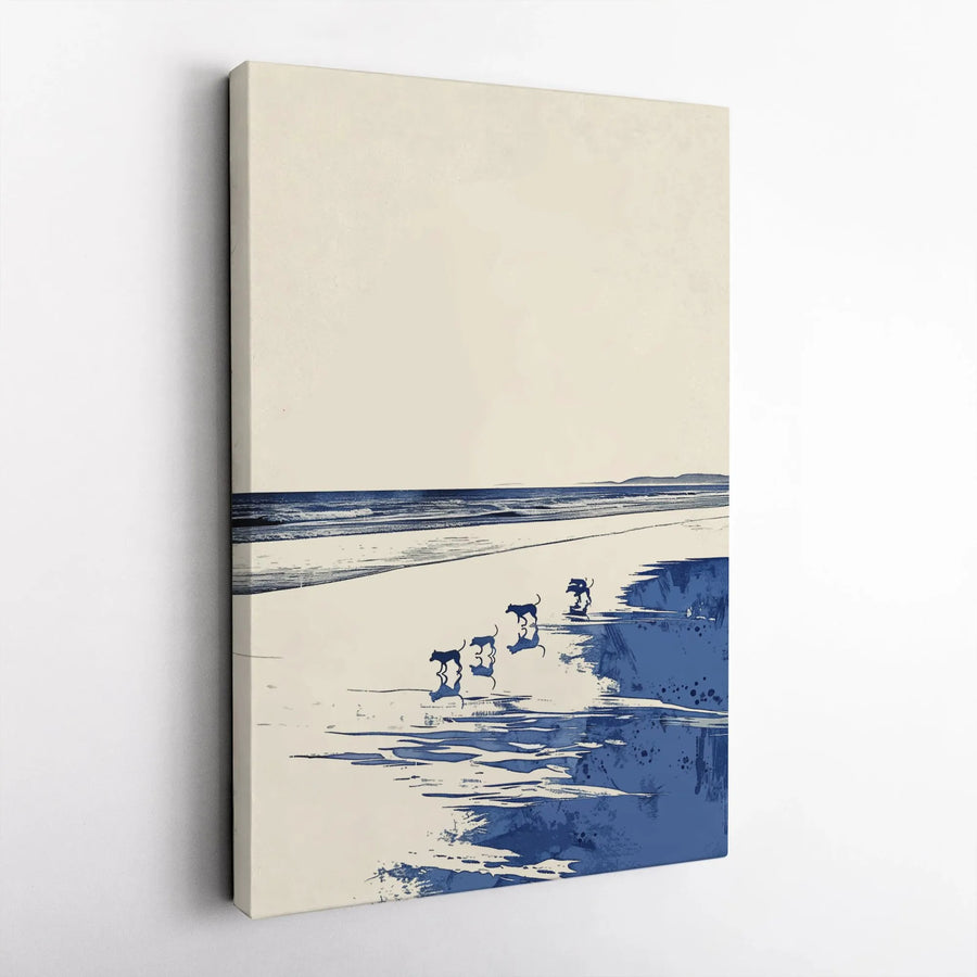 Coastal Dog Wall Art | Blue and White Beach Landscape Canvas | Premium 1.25" Thick Gallery Wrap | Modern Home Decor Gift