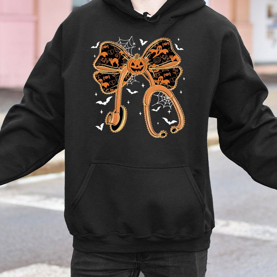 Halloween Nurse Hoodie | Pumpkin Bow Stethoscope Graphic | Premium Cotton Blend | Spooky Gift for Doctors and Nurses