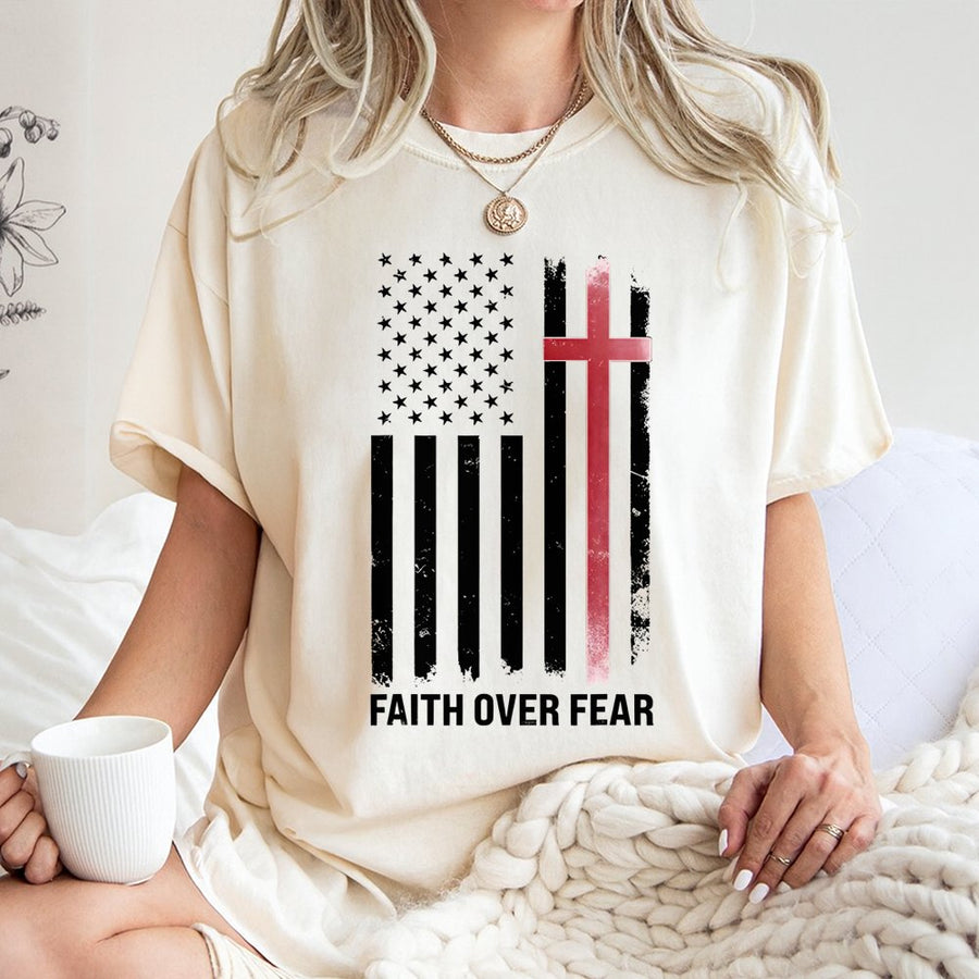 Faith Over Fear T-Shirt | American Flag Christian Cross Graphic | Premium 100% Cotton Tee | Inspirational Religious Patriotic Gift for Men and Women