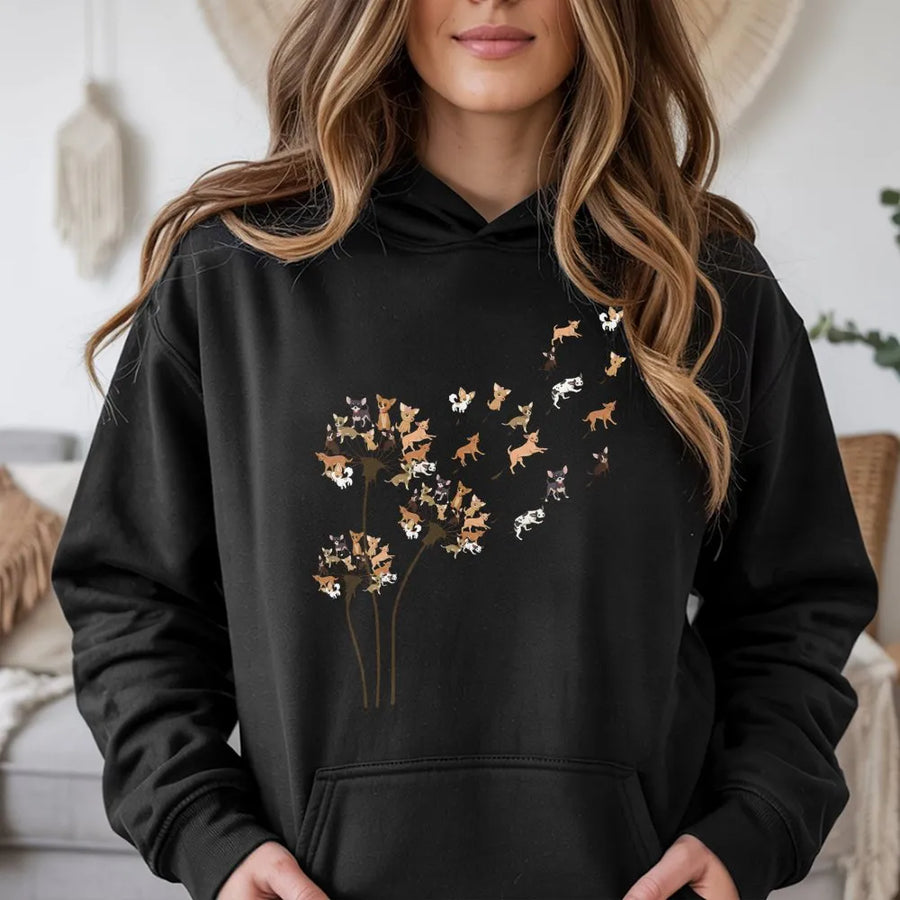 Chihuahua Dandelion Hoodie | Artistic Dog Lover Floral Graphic Print | Premium Cotton Blend Cozy Sweatshirt | Unique Gift For Dog Mom & Dad