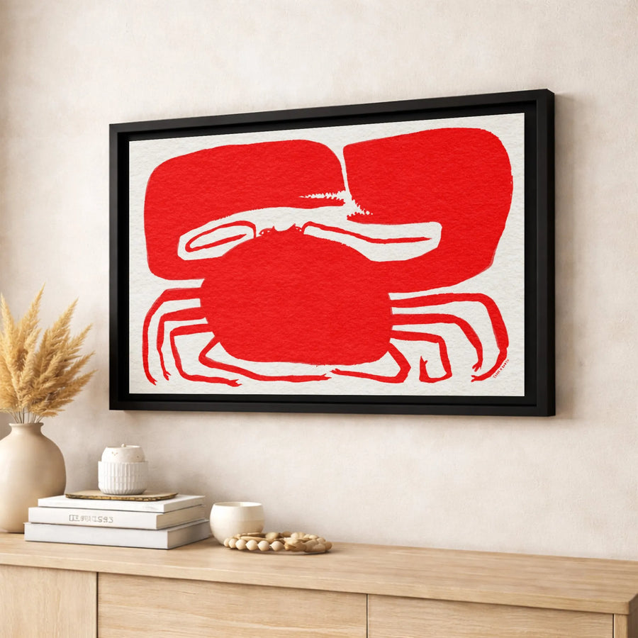 Abstract Red Crab Wall Art | Modern Minimalist Block Print Canvas | 1.25-inch Premium Gallery Profile | Coastal Home Decor Gift