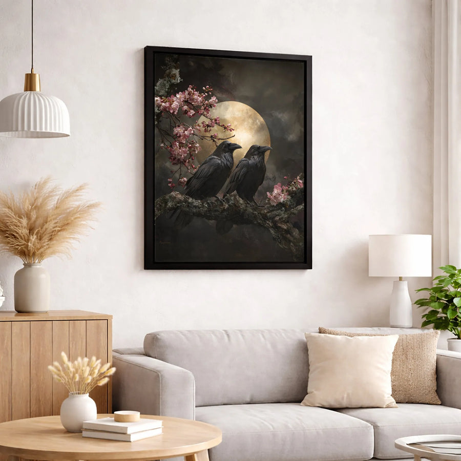 Raven Wall Art | Gothic Cherry Blossom Moon Canvas Print | Gallery Quality 1.25-Inch Profile | Dark Academia Home Decor Gift