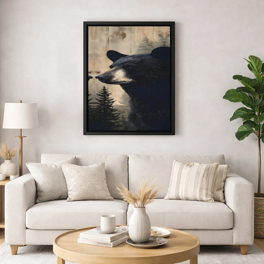 Black Bear Canvas Wall Art | Rustic Pine Forest Wildlife Print | Premium Gallery Wrap Decor | Nature Lover Cabin Gift