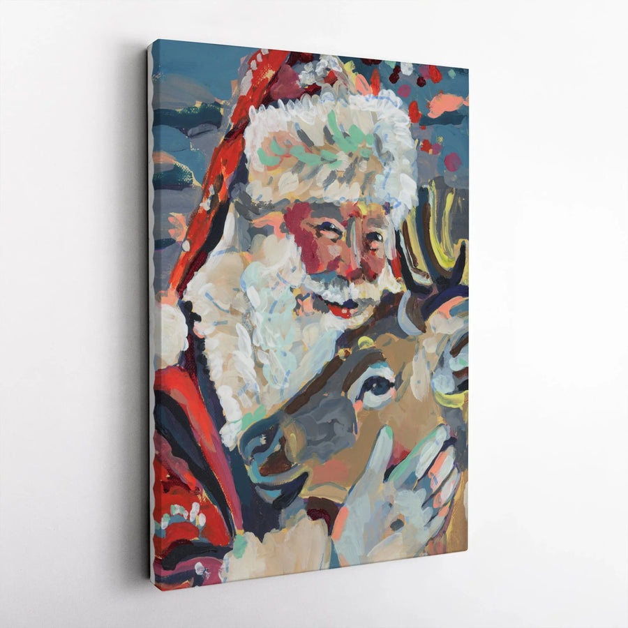 Santa Claus Reindeer Canvas Wall Art | Abstract Holiday Painting | Gallery Wrapped Premium Decor | Festive Christmas Gift for Home