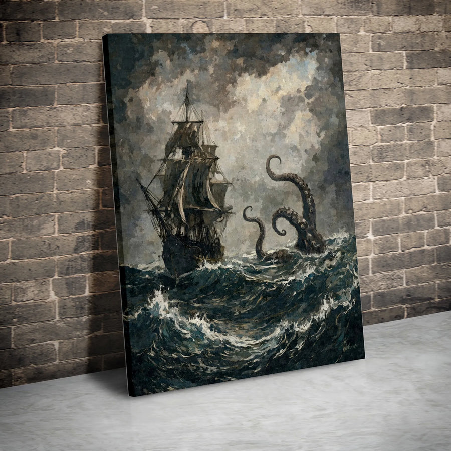 Kraken Sea Monster Canvas Art | Vintage Nautical Storm Painting | Premium Gallery-Wrapped Print | Wall Decor for Office or Living Room