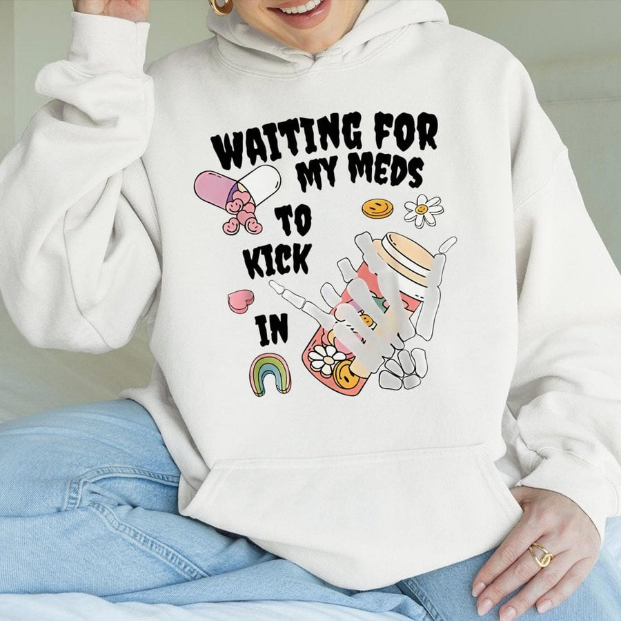 Waiting For My Meds To Kick In Hoodie | Funny Skeleton Hand Graphic | Premium Cotton Blend | Sarcastic Aesthetic Gift For Friends