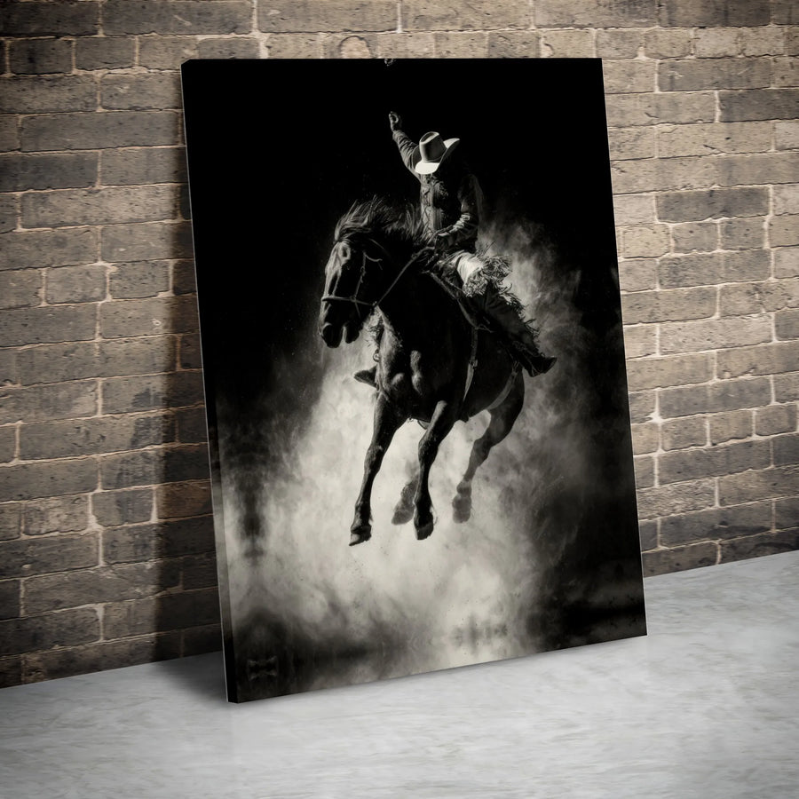 Western Cowboy Rodeo Canvas Wall Art | Black and White Bucking Bronco Action Print | Premium 1.25 Inch Gallery Wrap | Farmhouse Home Office Decor
