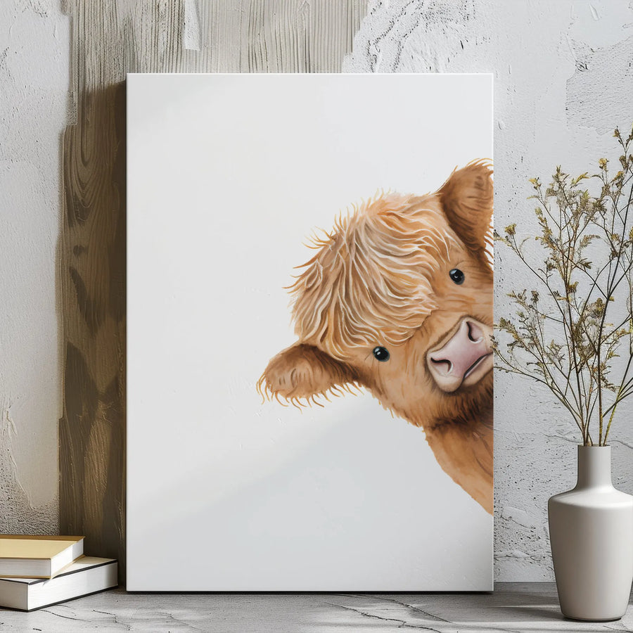 Highland Cow Canvas Print | Peeking Farm Animal Wall Art | 1.25-Inch Gallery Wrap | Cute Nursery & Farmhouse Decor Gift