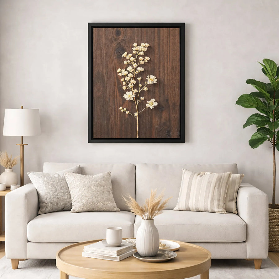 White Wildflower Canvas Art | Rustic Dark Wood Botanical Wall Decor | Fade-Resistant Premium Gallery Wrap | Nature Inspired Gift for Home Office