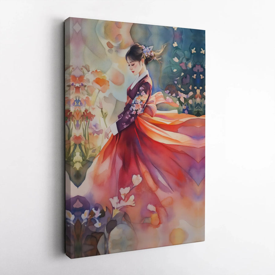 Korean Hanbok Woman Canvas Print | Watercolor Floral Garden Art | Gallery Wrap Wall Decor | Premium Gift for Asian Culture Enthusiasts