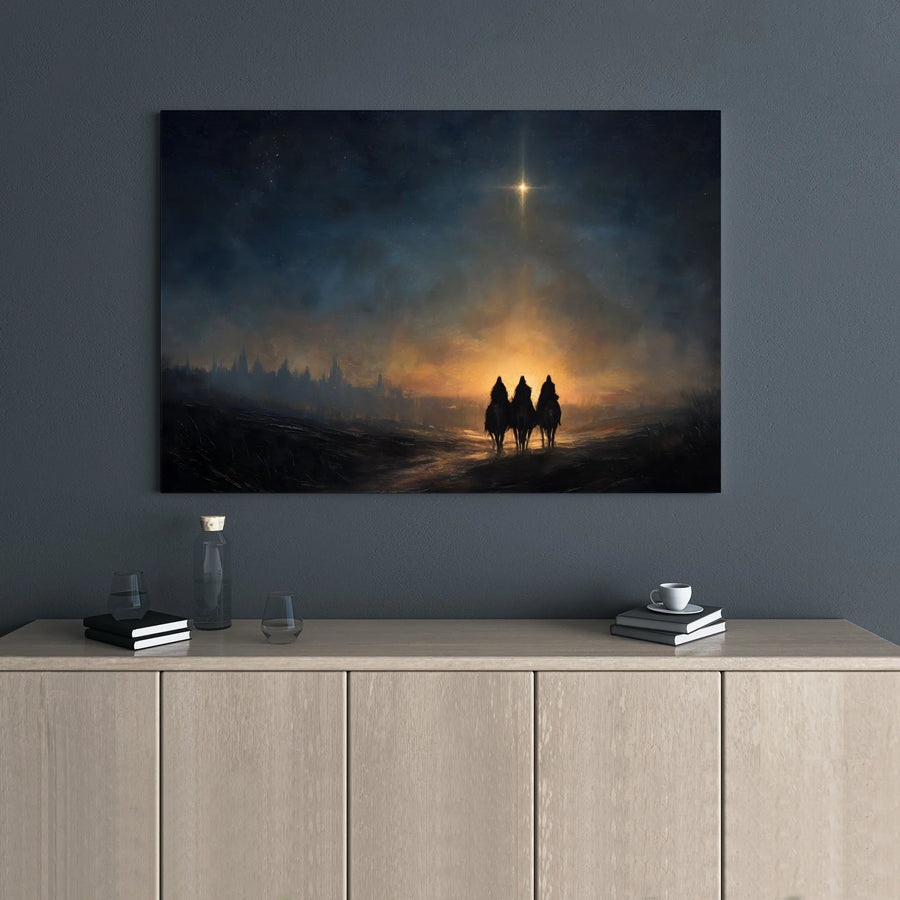 Nativity Scene Canvas Wall Art | Three Wise Men Following Star | Premium Gallery Wrap Print | Christian Religious Home Decor Gift