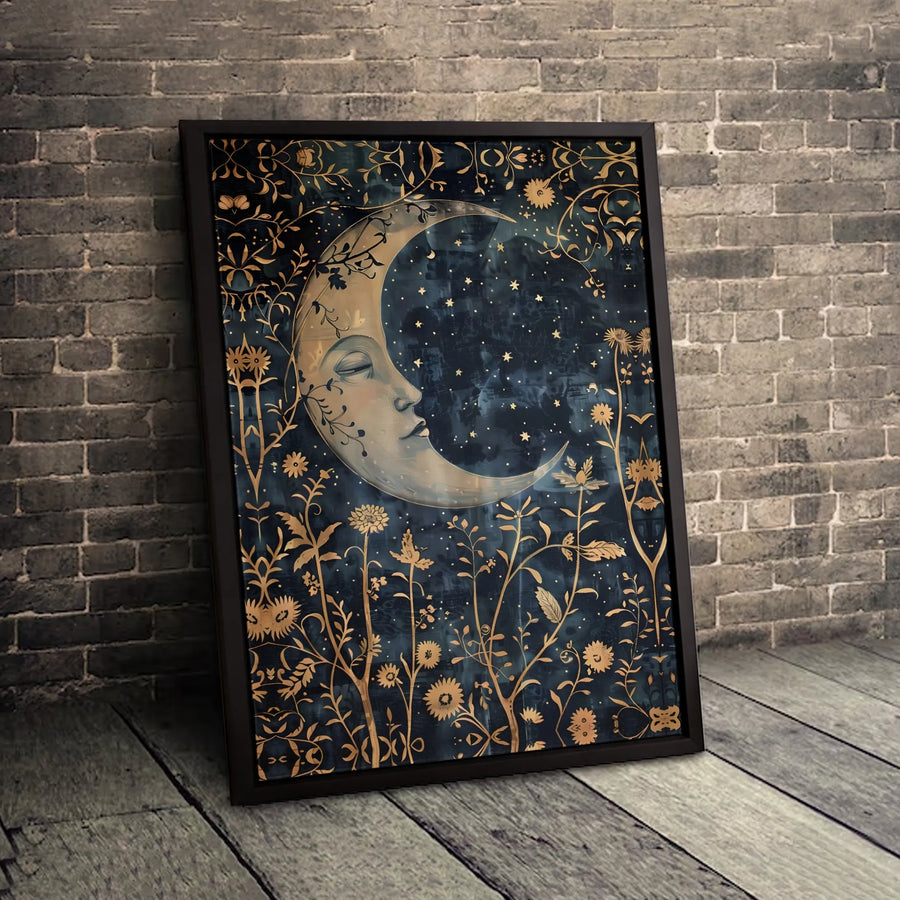 Celestial Moon Canvas Wall Art | Sleeping Crescent Moon with Gold Floral Detail | Premium Fade-Resistant Gallery Wrap | Boho Home Decor Gift