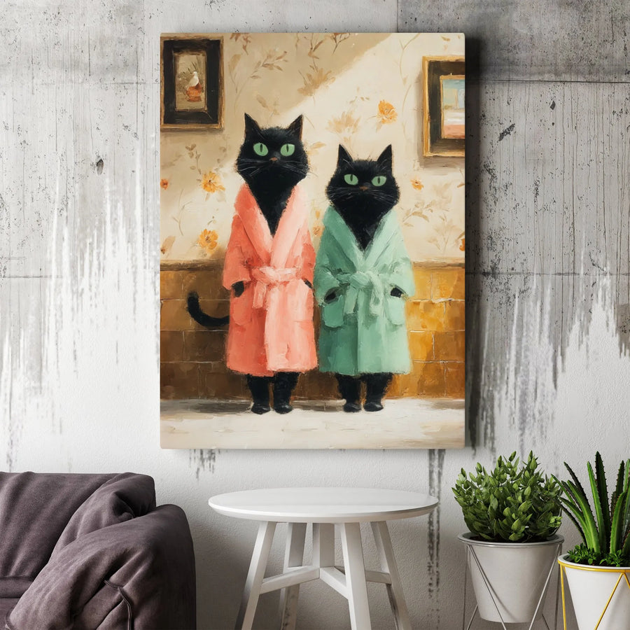 Black Cat Wall Art | Whimsical Bathrobe Cats Oil Painting Style | Premium Gallery Wrapped Canvas | Quirky Animal Decor Gift for Cat Lovers