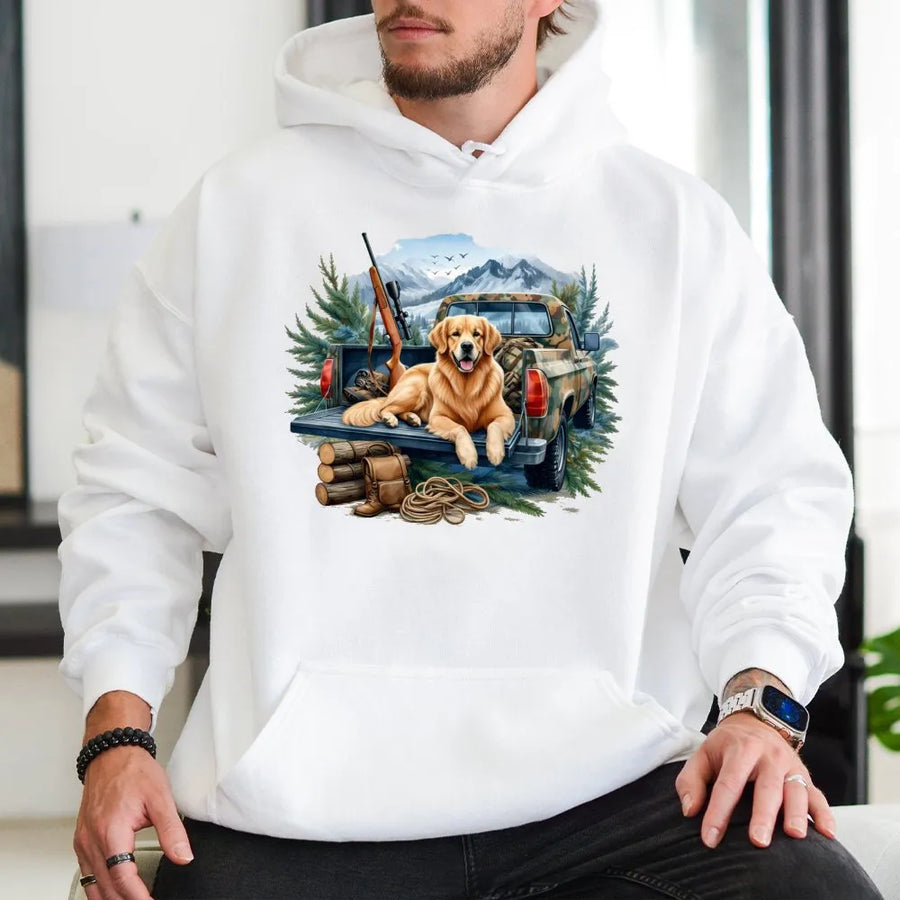 Golden Retriever Hoodie | Rustic Hunting Dog Pickup Truck Graphic | Premium Cotton Blend | Outdoor Enthusiast Gift For Him And Her