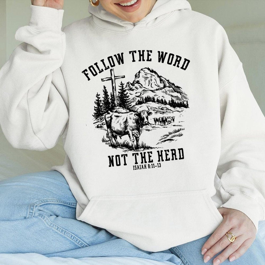 Follow The Word Not The Herd Hoodie | Christian Scripture Cross Graphic | Soft Cotton-Poly Blend | Religious Faith Gift For Men And Women
