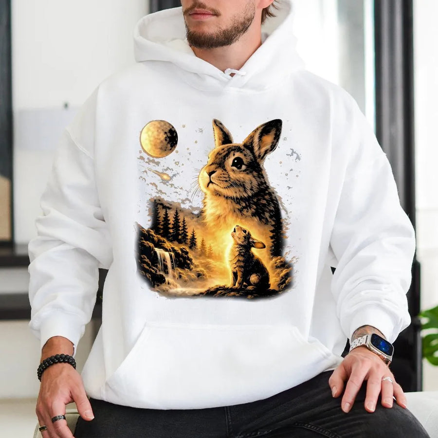 Bunny Howling at the Moon Hoodie | Vintage Celestial Rabbit Graphic | Soft Cotton Blend Pullover | Gift for Nature & Animal Lovers