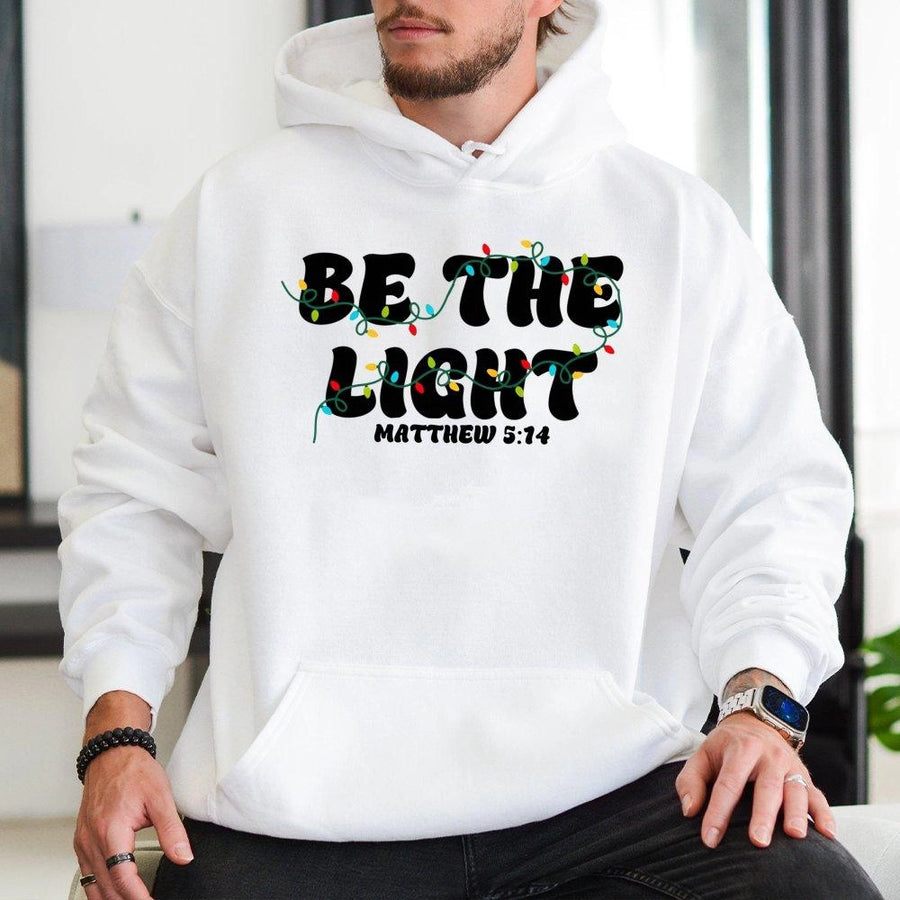 Be The Light Christian Hoodie | Matthew 5:14 Christmas Lights Graphic | Cotton-Poly Blend Premium Comfort | Faith-Based Holiday Gift for Believers