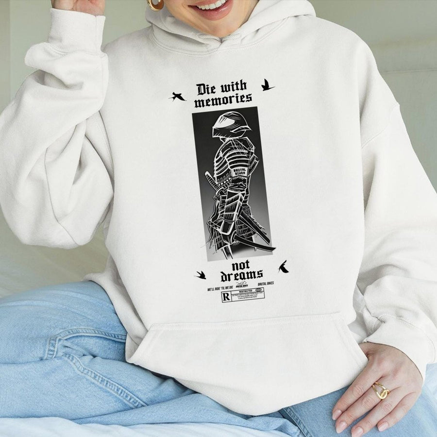 Die With Memories Not Dreams Hoodie | Samurai Biker Graphic Streetwear | Premium Cotton-Blend | Aesthetic Gift For Biker & Racing Enthusiasts