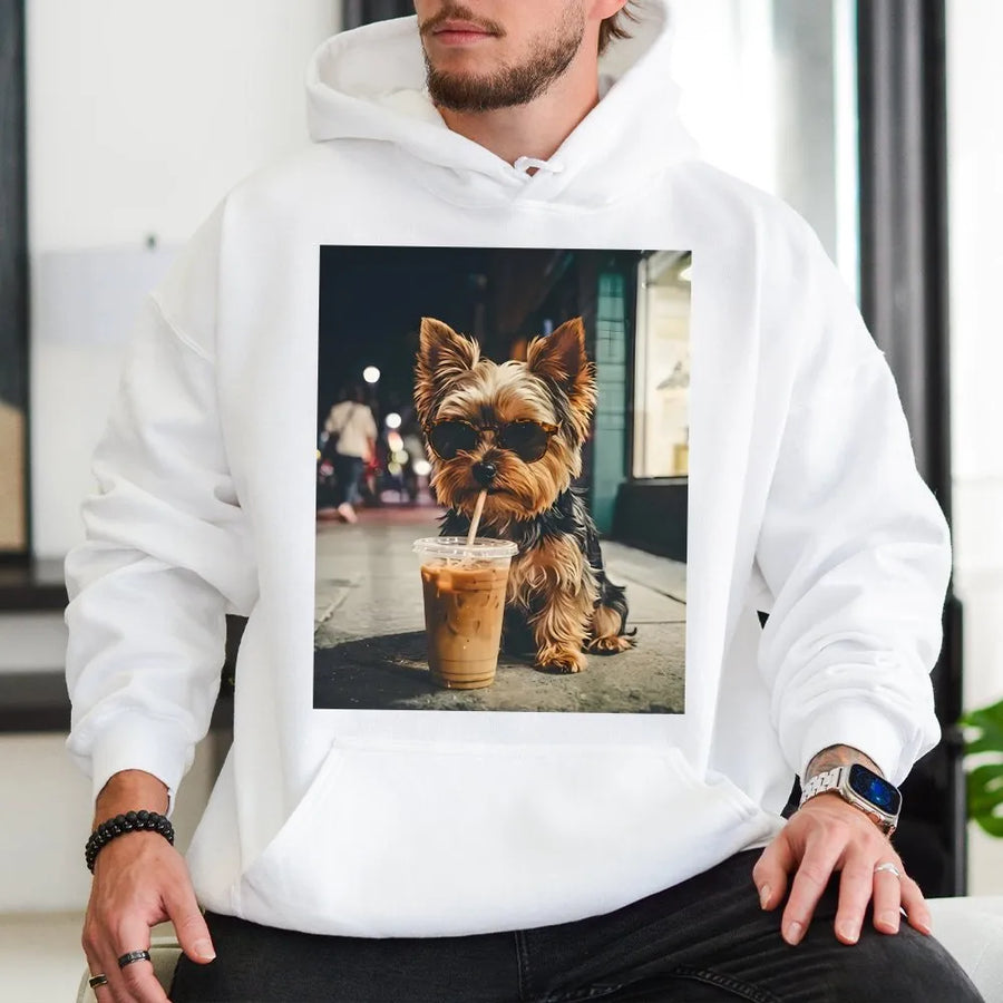 Yorkie Iced Coffee Hoodie | Cool Dog Wearing Sunglasses Graphic | Premium Cotton Tee | Funny Gift for Dog Lover