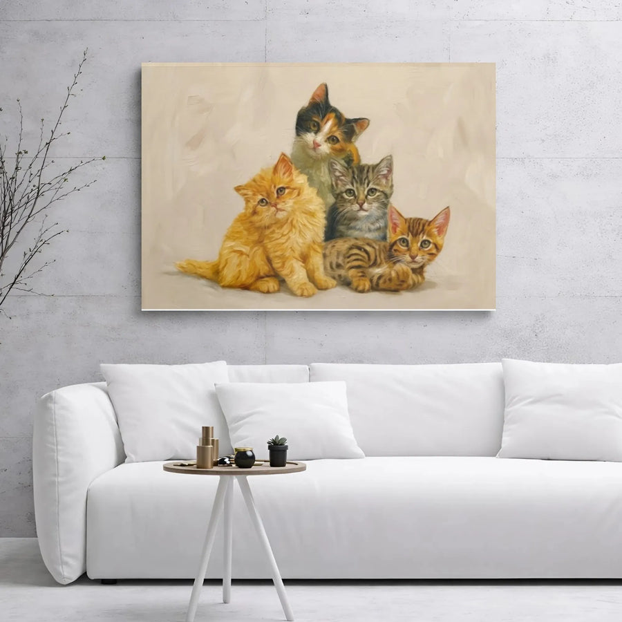 Four Kittens Wall Art | Vintage Oil Painting Style Print | Premium Gallery Wrapped Canvas | Charming Cat Lover Home Decor Gift