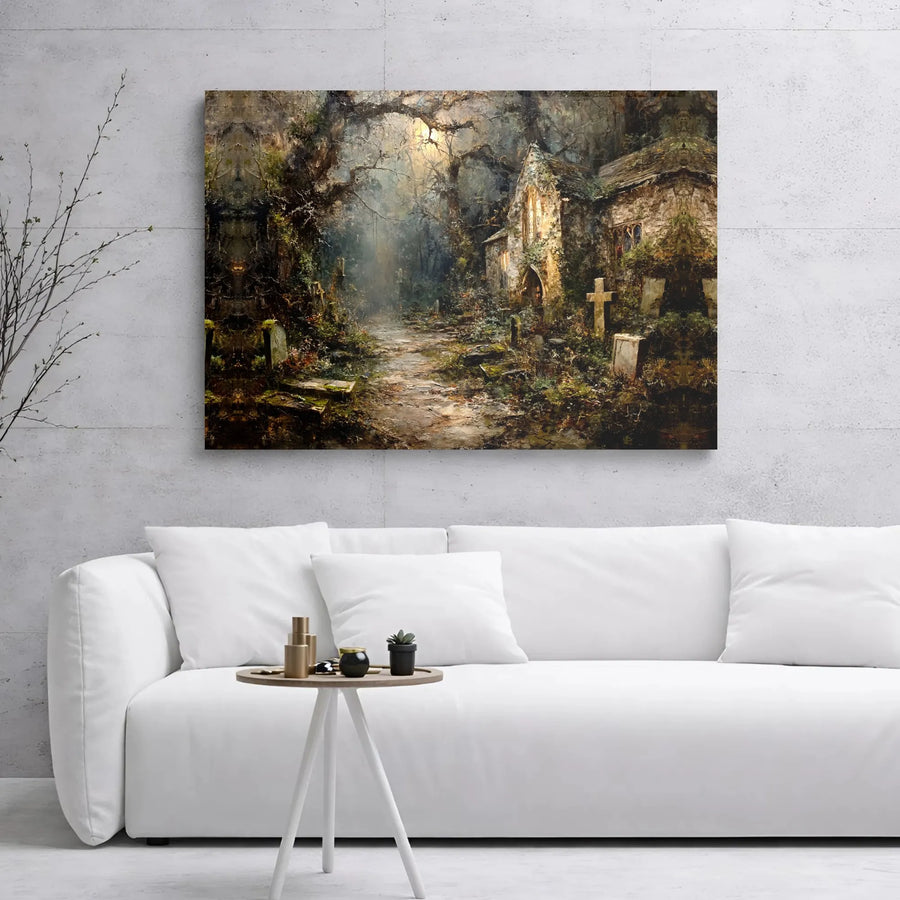 Gothic Cemetery Canvas Wall Art | Haunted Forest Church Oil Painting Style | Premium Gallery Wrap Print | Dark Academia Home Decor Gift