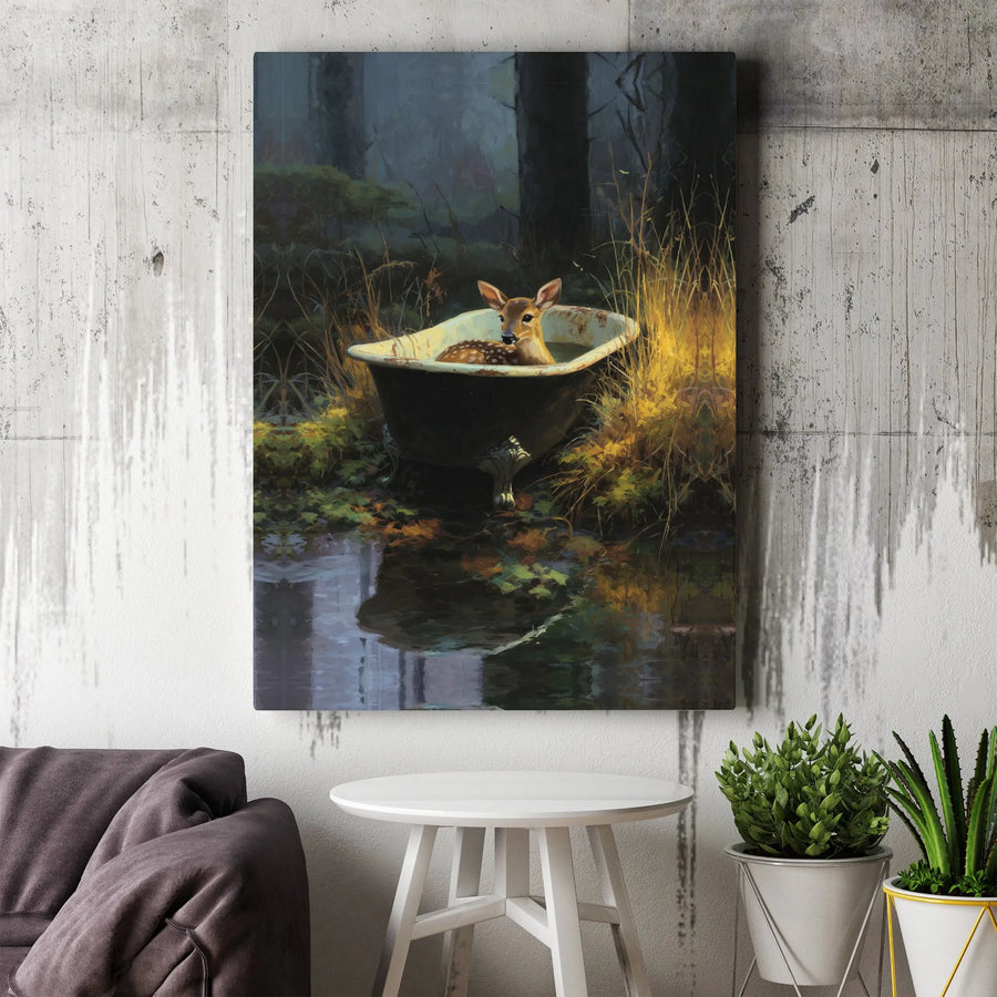 Fawn in Clawfoot Bathtub Canvas | Whimsical Forest Animal Wall Art | Premium 1.25-inch Framed Gallery Print | Unique Home Decor Gift