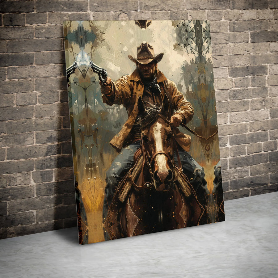 Western Cowboy Canvas Art | Gunslinger Riding Horse Poster | Rustic Gallery Wrap Print | Gift for Men Home Office Decor