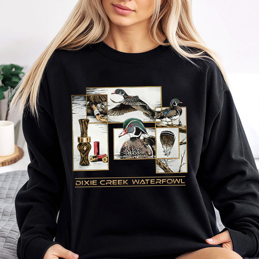 Dixie Creek Waterfowl Sweatshirt | Wood Duck Hunting Graphics | Premium Cotton Blend | Gift for Duck Hunter and Outdoorsman