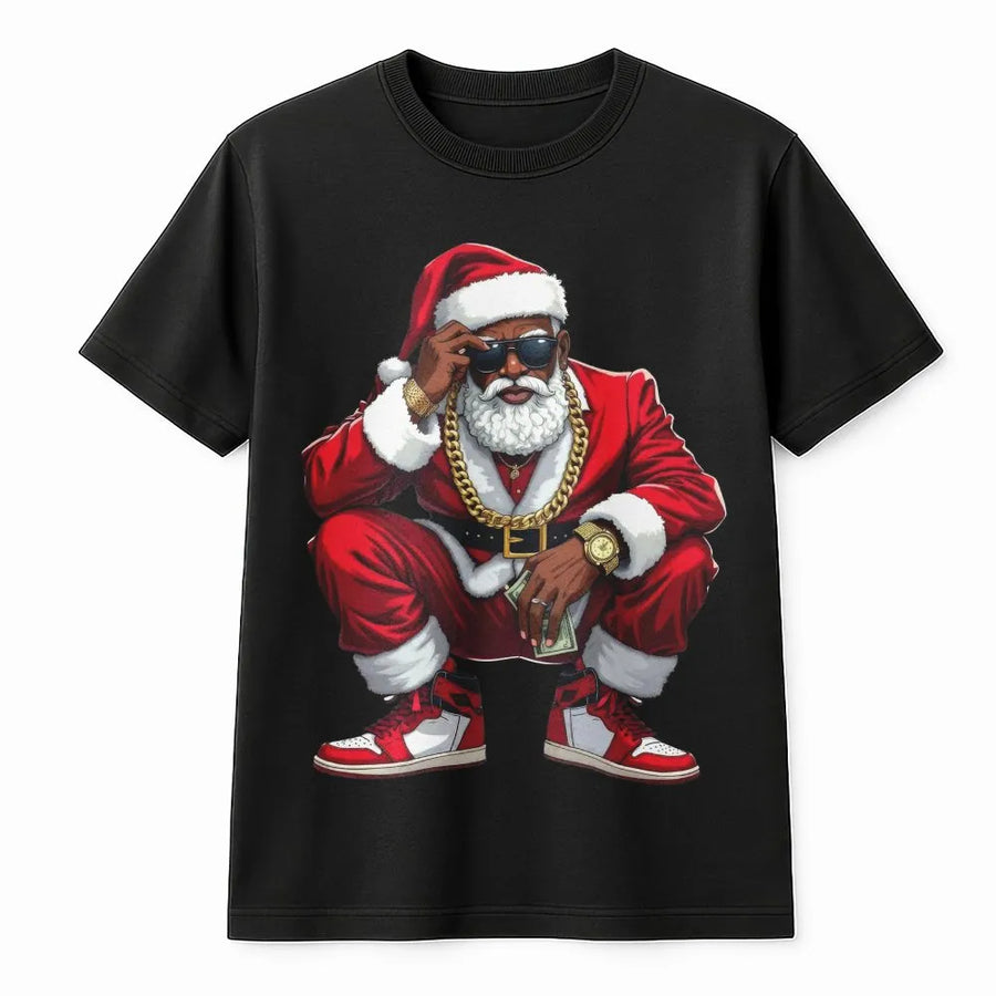 Black Santa T-Shirt | Hip Hop Christmas Graphic Tee | Premium 100% Cotton | Fun Holiday Apparel Gift For Him