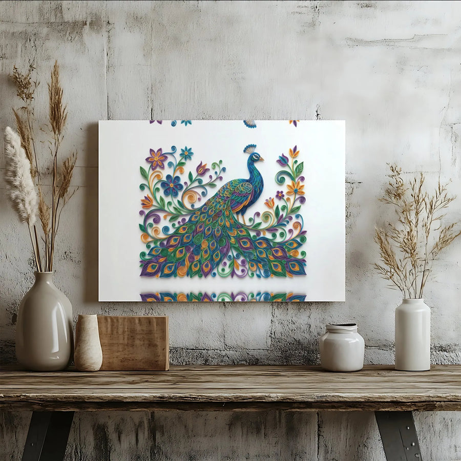 Peacock Canvas Wall Art | Intricate 3D Quilling Style Print | Premium Gallery Wrapped Canvas | Unique Living Room Decor Gift
