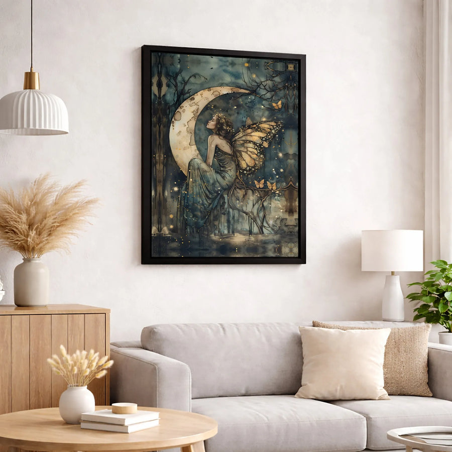 Fairy Wall Art | Enchanting Moon Butterfly Princess Illustration | Premium 1.25-Inch Thick Gallery Wrapped Canvas | Magical Fantasy Home Decor Gift