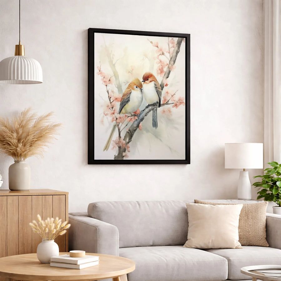 Bird Wall Art | Watercolor Cherry Blossom Branch Print | Premium Gallery-Wrapped Canvas | Botanical Nature Home Decor Gift