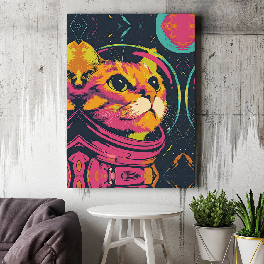 Astronaut Space Cat Vertical Canvas | Retro Pop Art Cosmic Kitten Wall Decor | Premium 1.25 Inch Thick Frameless Gallery Wrap | Unique Birthday Gift for Cat Lovers