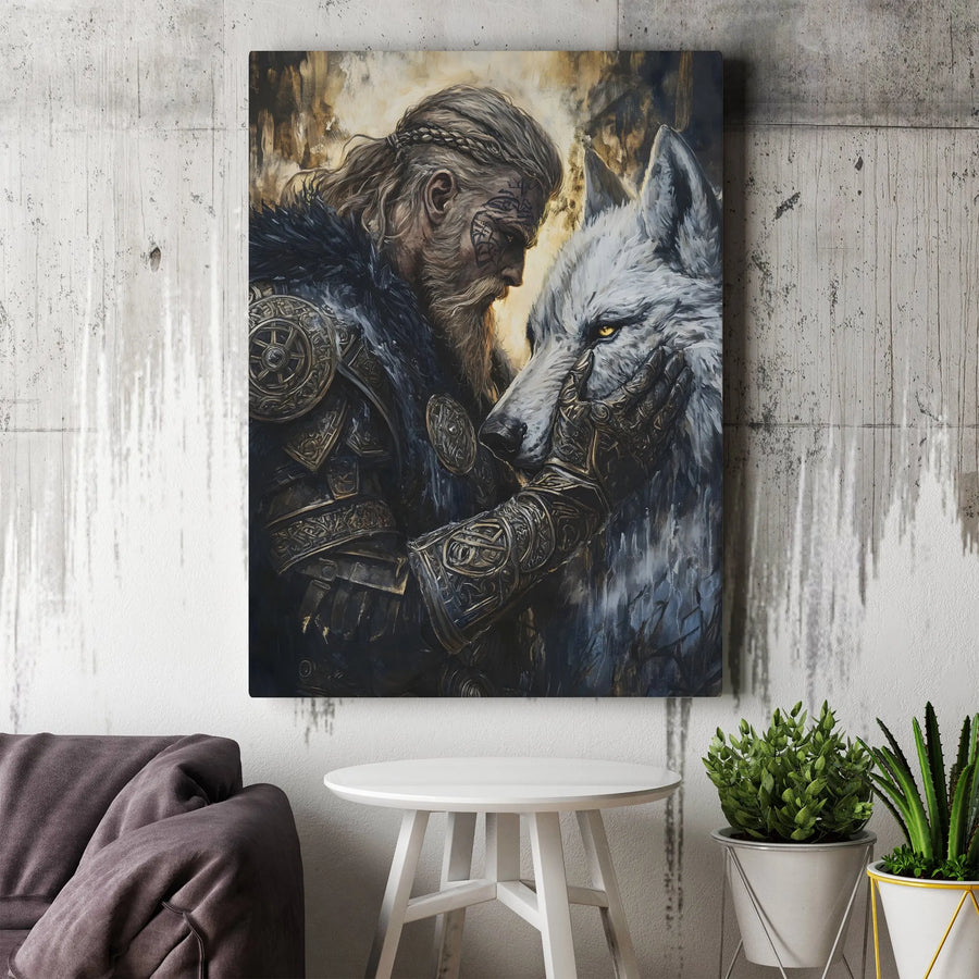 Viking Warrior and White Wolf Canvas | Norse Mythology Wall Art | Premium Gallery Wrapped Print | Gift for History Lovers & Fantasy Fans