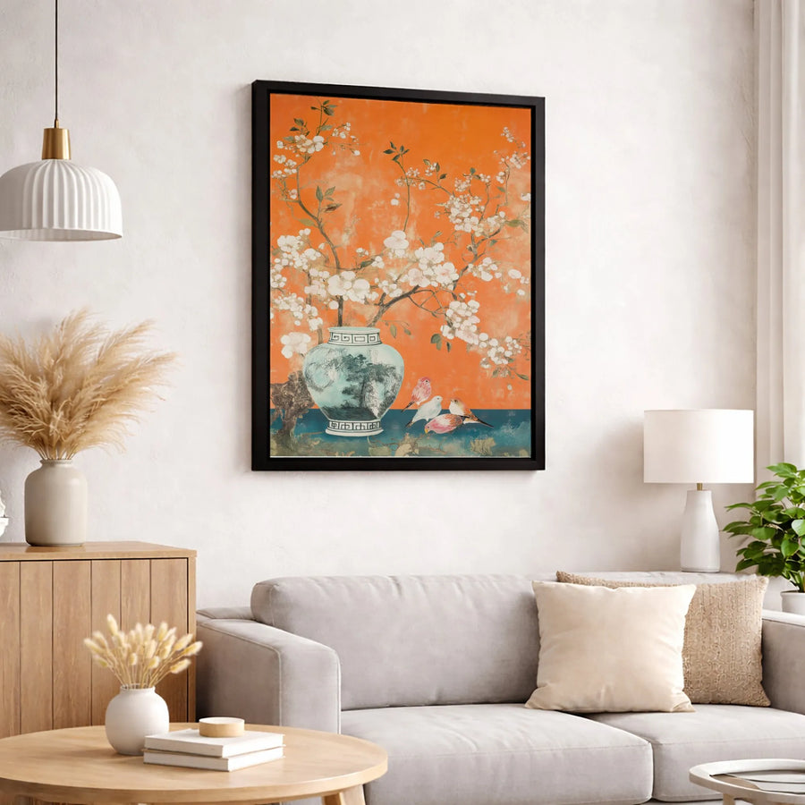Chinoiserie Wall Art | Orange Cherry Blossom & Bird Canvas Print | Premium Gallery Wrapped Decor | Traditional Asian Inspired Home Gift