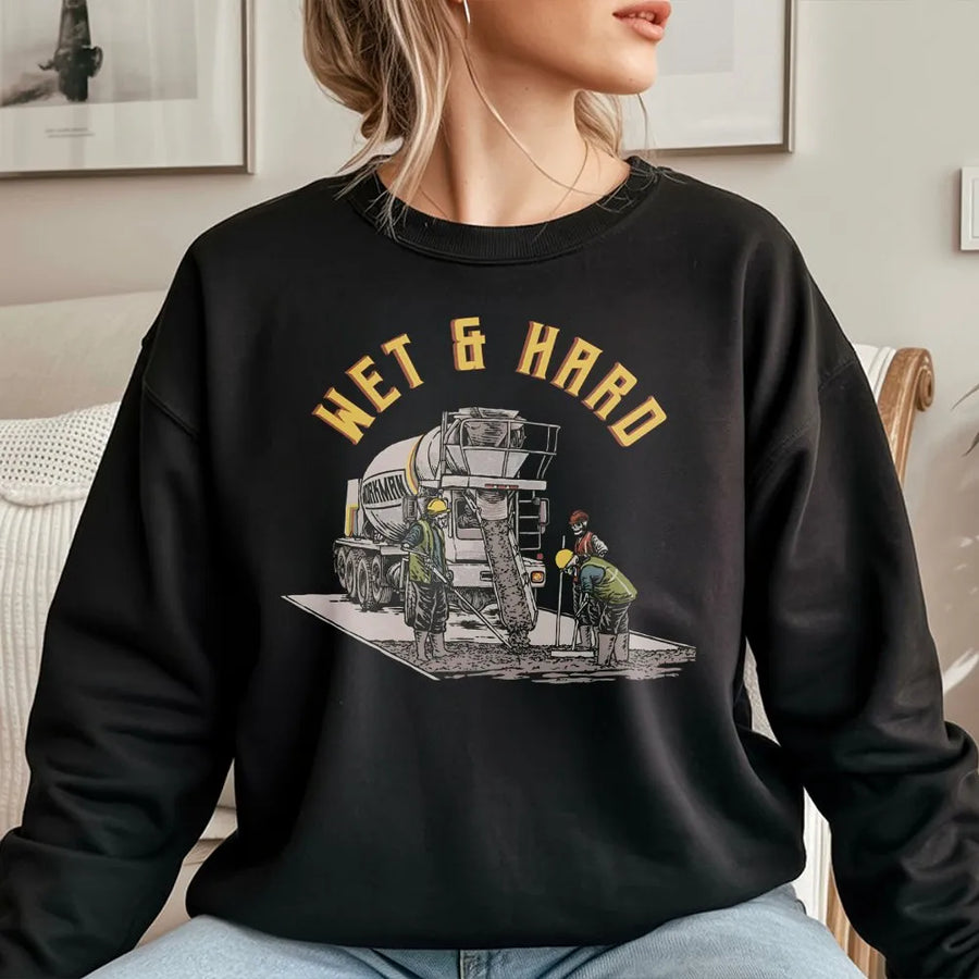 Concrete Worker Sweatshirt | Retro Funny Wet & Hard Cement Truck Design | Premium Cotton Blend | Gift For Construction Workers & Contractors