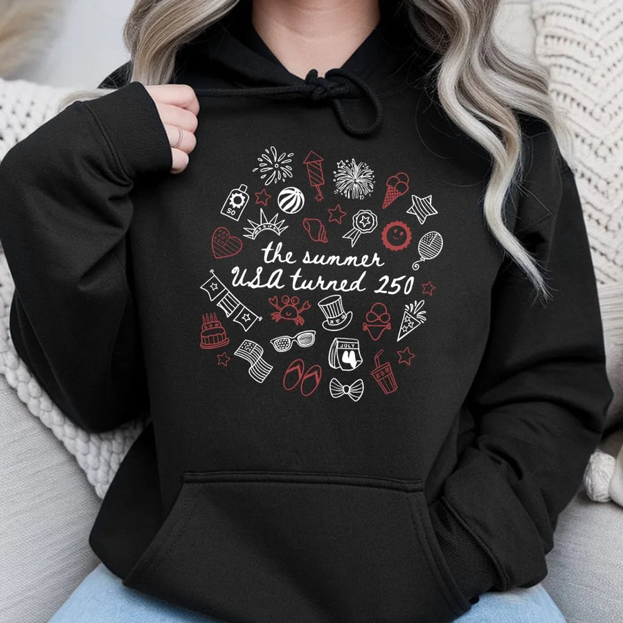 USA 250th Anniversary Hoodie | Retro Summer Doodle Graphic | Soft Cotton Blend | Patriotic Semiquincentennial Commemorative Gift