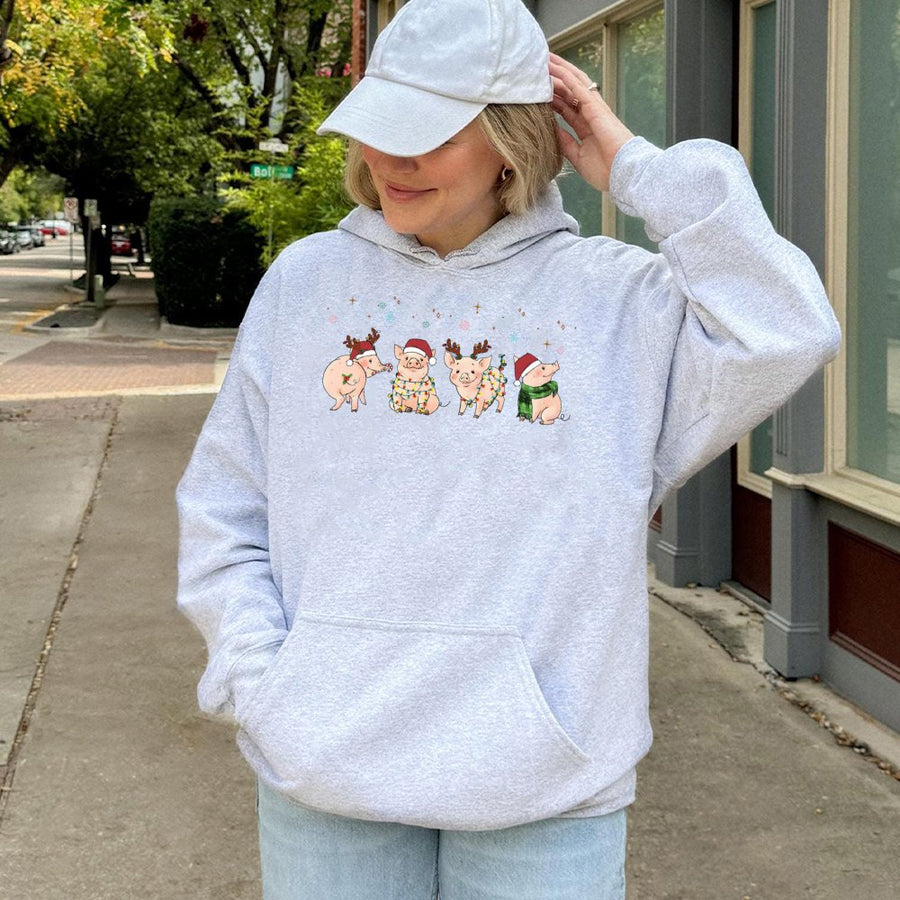 Christmas Pig Hoodie | Cute Festive Farm Animal Illustration | Soft Cotton-Poly Blend | Merry Pigmas Gift for Animal Lovers