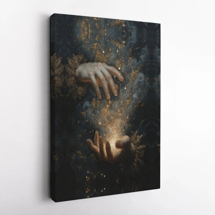 Mystical Hands Canvas Wall Art | Cosmic Stardust & Divine Light | Premium High-Resolution Print | Spiritual Decor Collector Gift