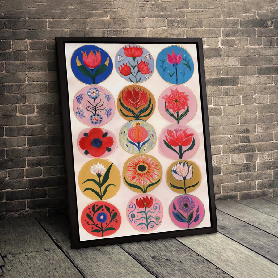 Floral Medallion Canvas Wall Art | Colorful Botanical Grid Print | Premium 1.25-Inch Gallery Wrap | Modern Boho Home Decor Gift
