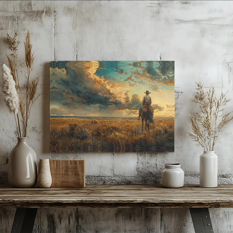 Lone Cowboy Canvas Wall Art | Western Sunset Landscape Print | Premium 1.25" Gallery Wrap | Southwestern Home Office Decor Gift