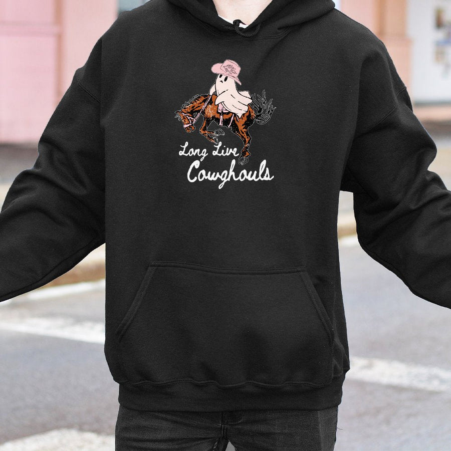 Long Live Cowghouls Hoodie | Western Ghost Cowboy Graphic | Premium Cotton Blend | Spooky Halloween Fall Gift for Women